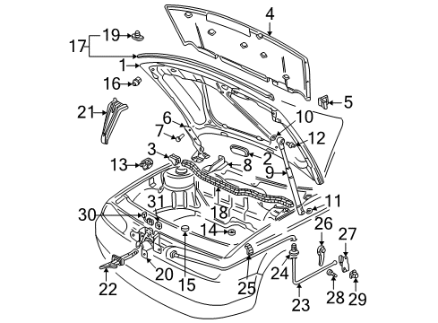 2000 Volkswagen Jetta Hood & Components Diagram