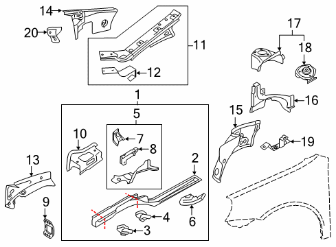 2011 Volkswagen Eos Structural Components & Rails Diagram